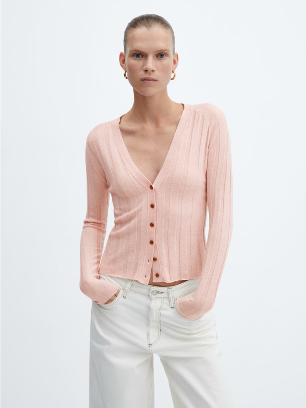 Mango Buttoned Ribbed Cardigan, Pastel Pink, Size Large, NWT
